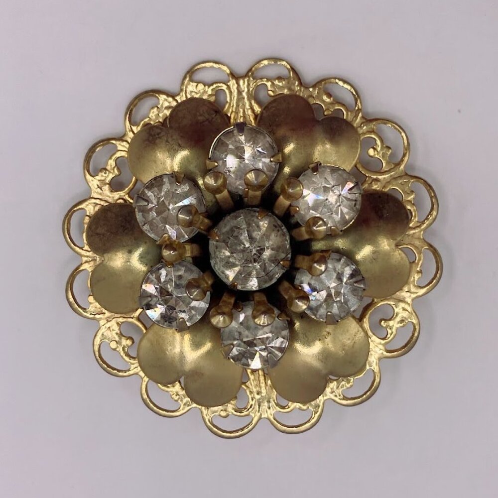 Vintage Gold Flower Rhienstone Brooch